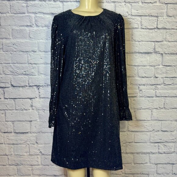 Maia Black Long Sleeve Sequin Shift Dress | Size 8 Y2K - Picture 1 of 4
